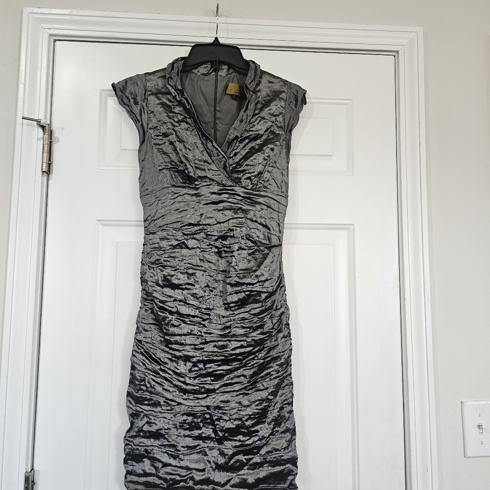 Nicole Miller Elegant Gray Ruched Metallic Dress Size 10P